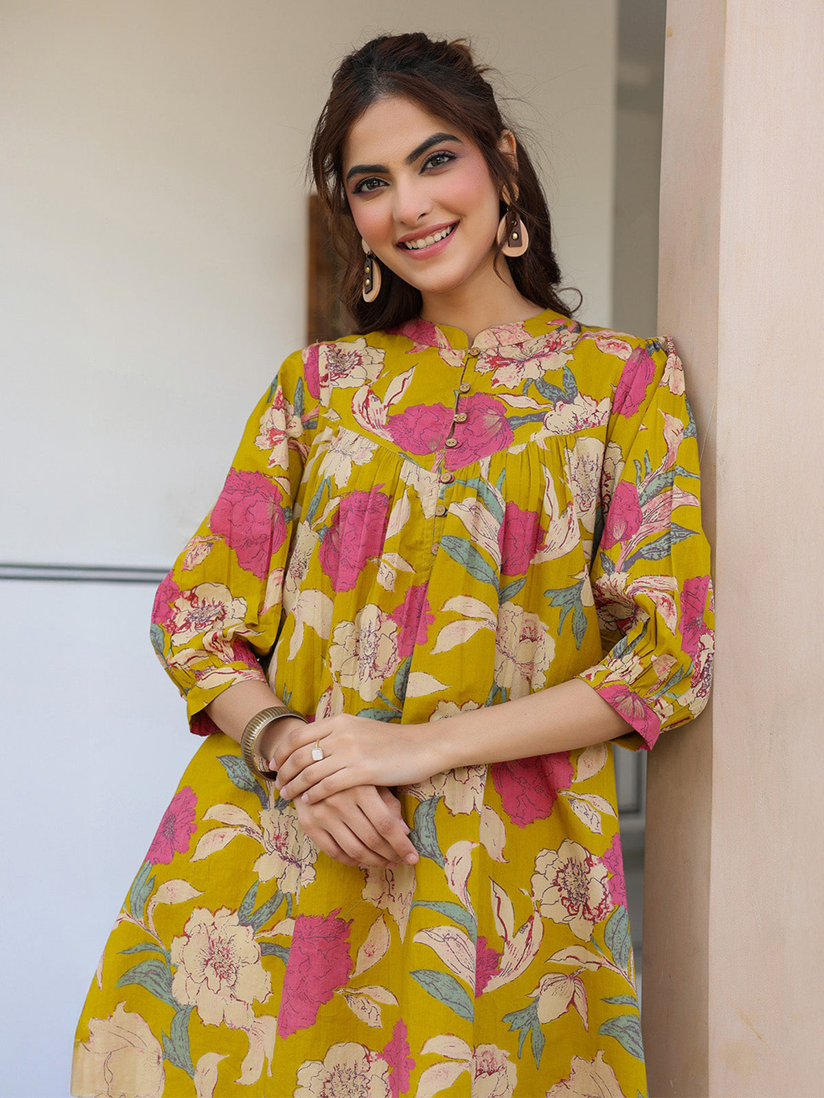 Janasya Bright Cotton Floral A-Line Tunic 