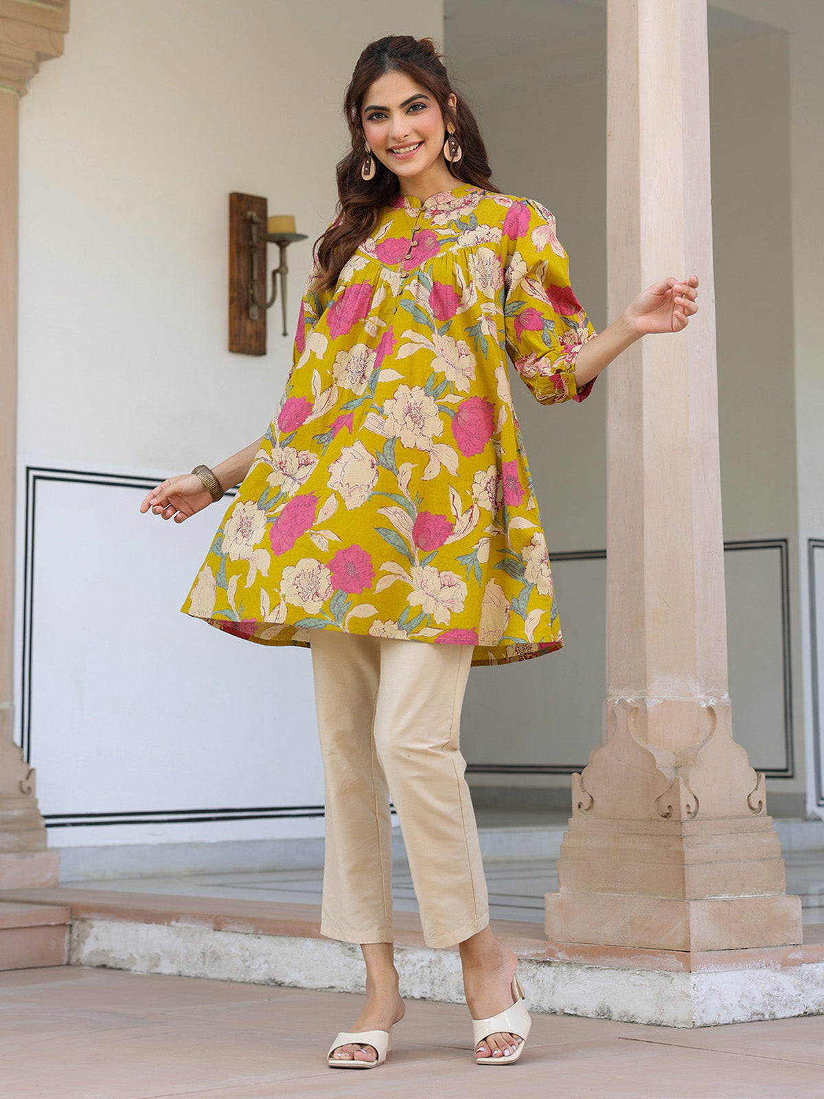 Janasya Bright Cotton Floral A-Line Tunic 