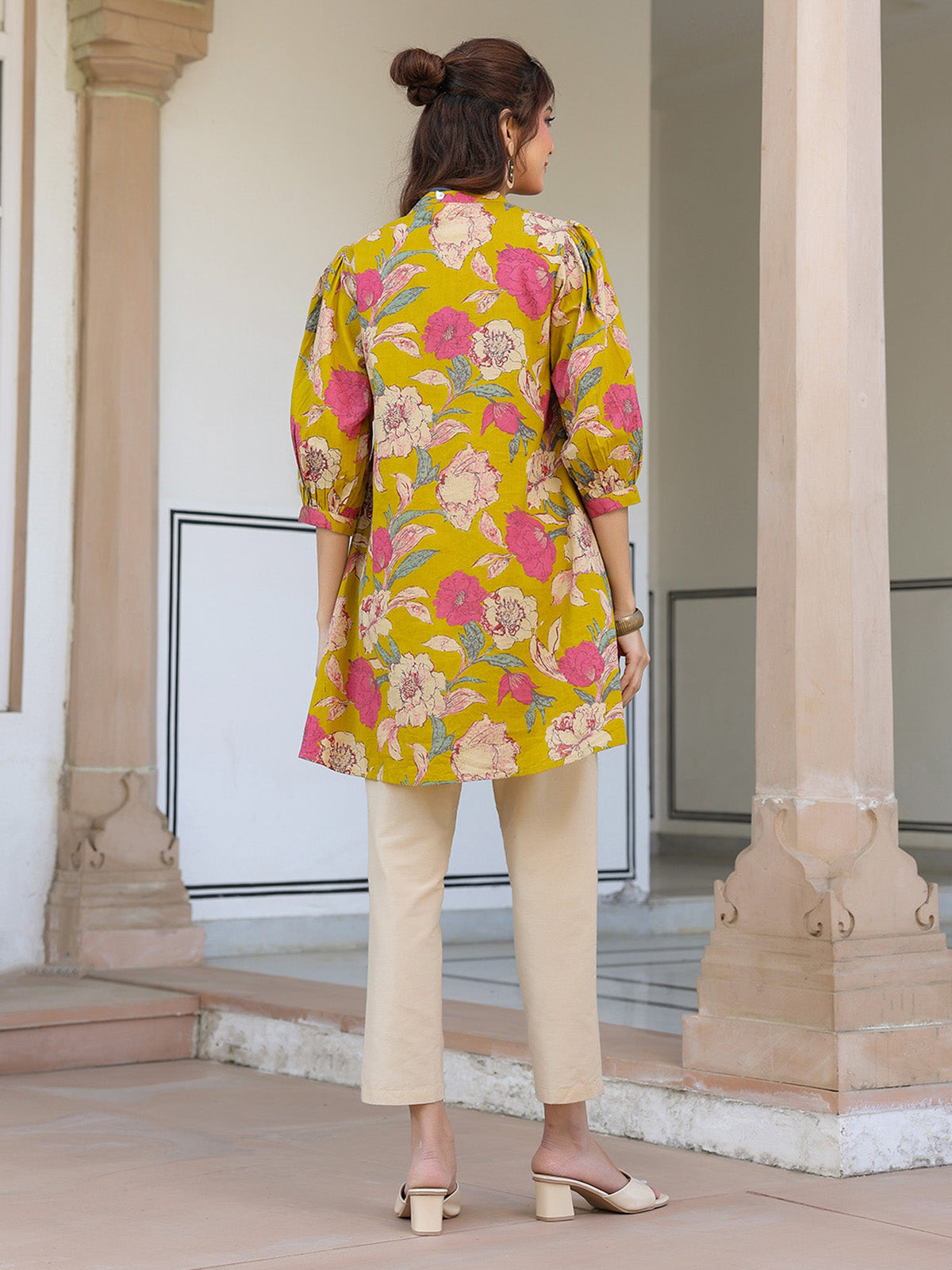 Janasya Bright Cotton Floral A-Line Tunic 