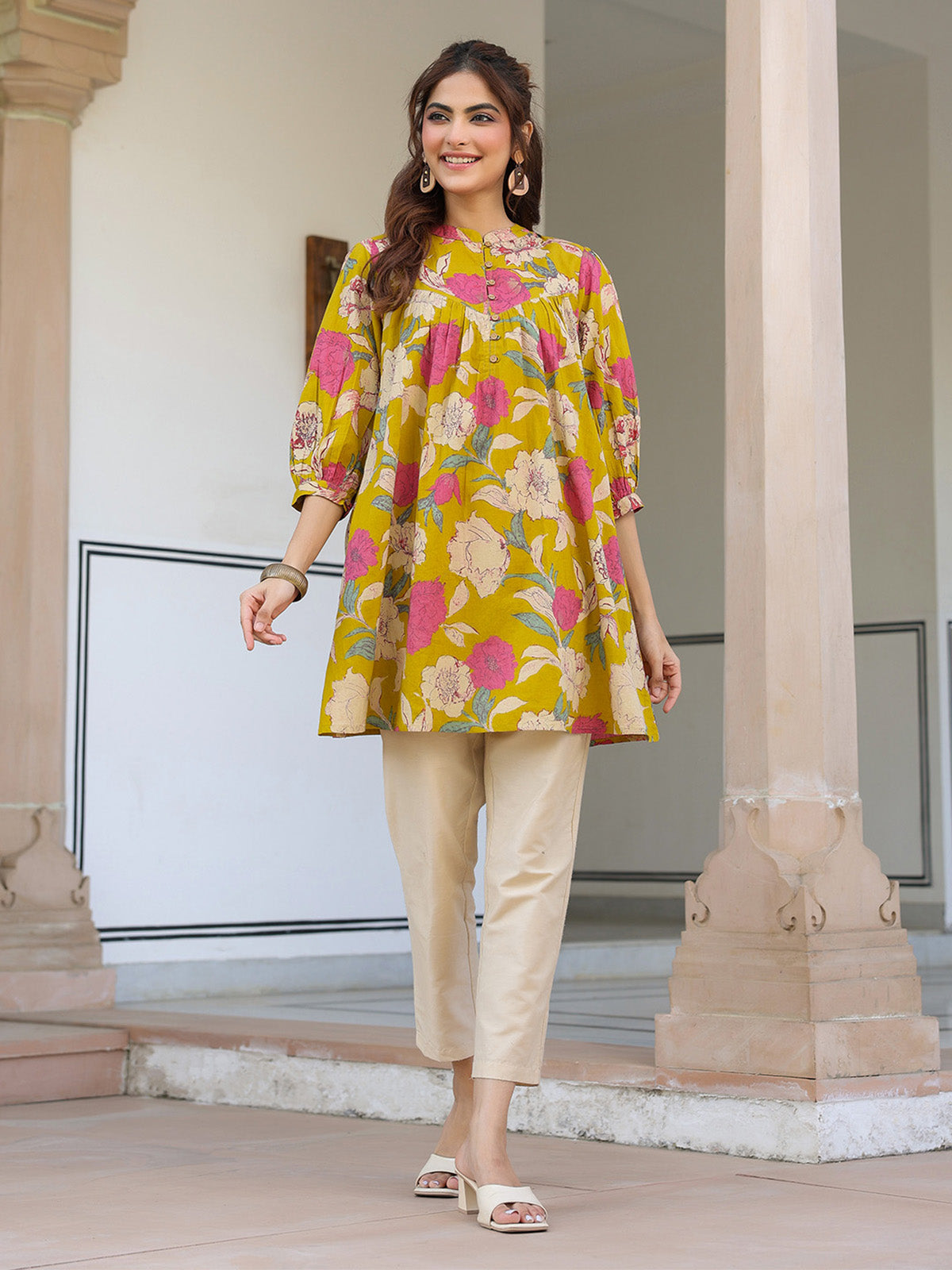 Janasya Bright Cotton Floral A-Line Tunic 