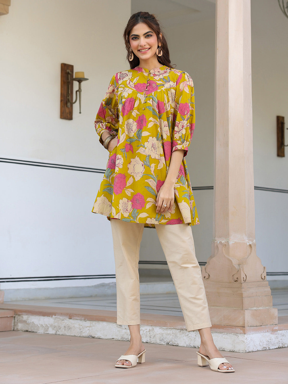 Janasya Bright Cotton Floral A-Line Tunic 