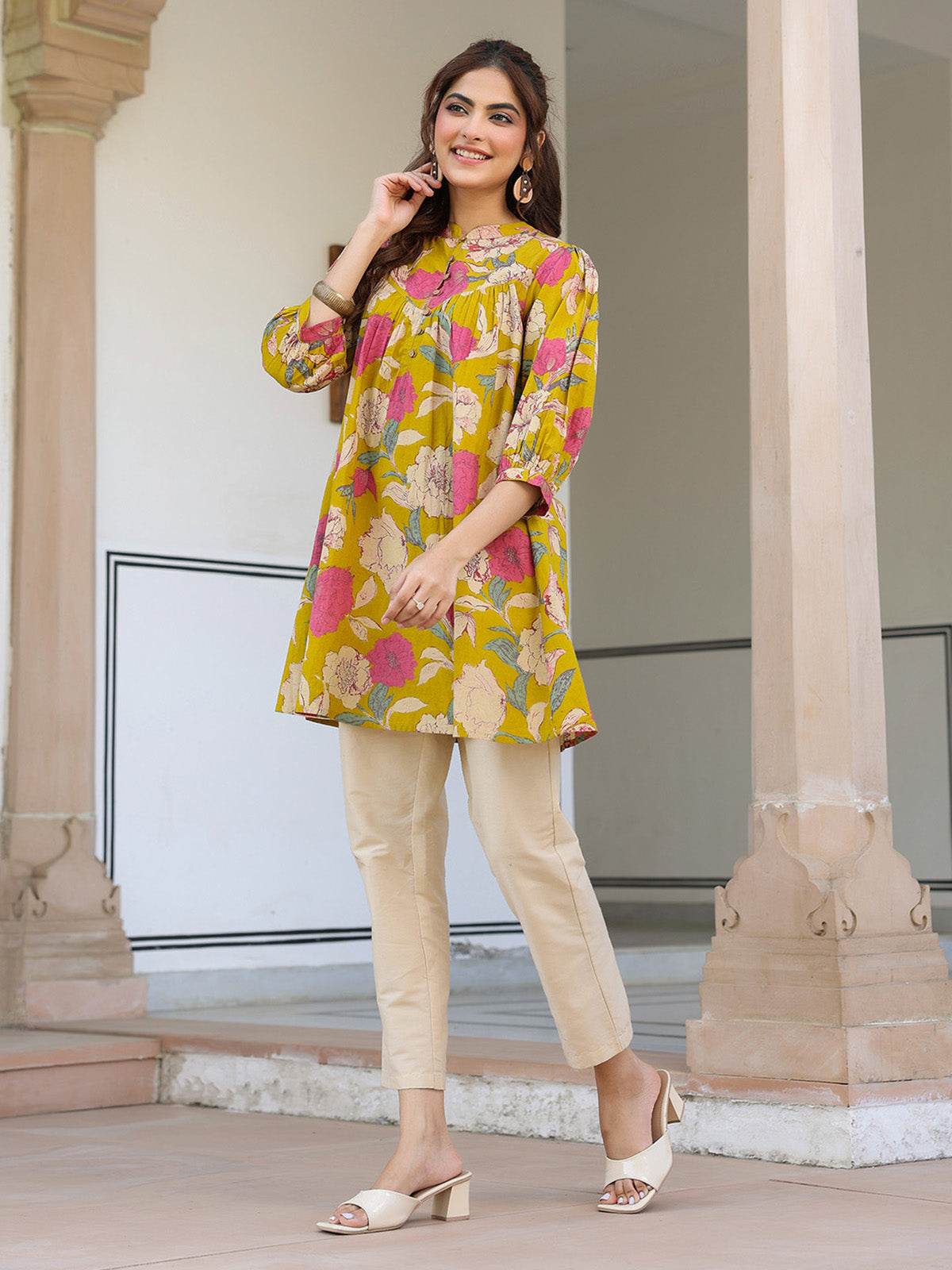 Janasya Bright Cotton Floral A-Line Tunic 