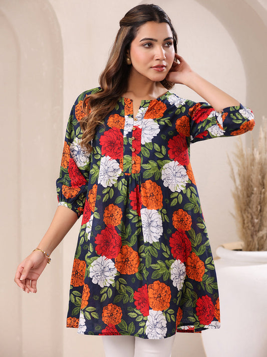 Janasya Bright Cotton Floral A-Line Tunic 