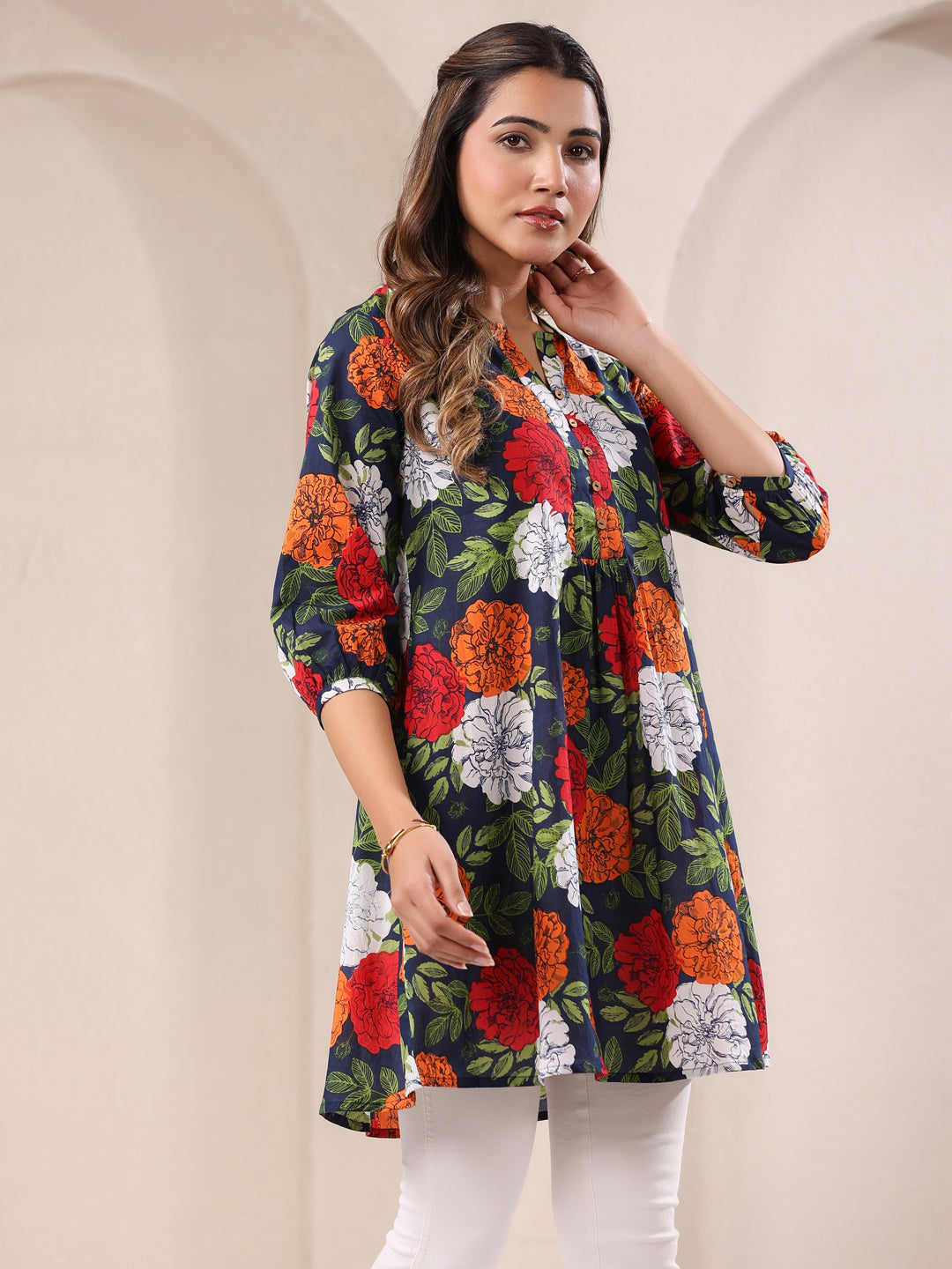 Janasya Bright Cotton Floral A-Line Tunic 
