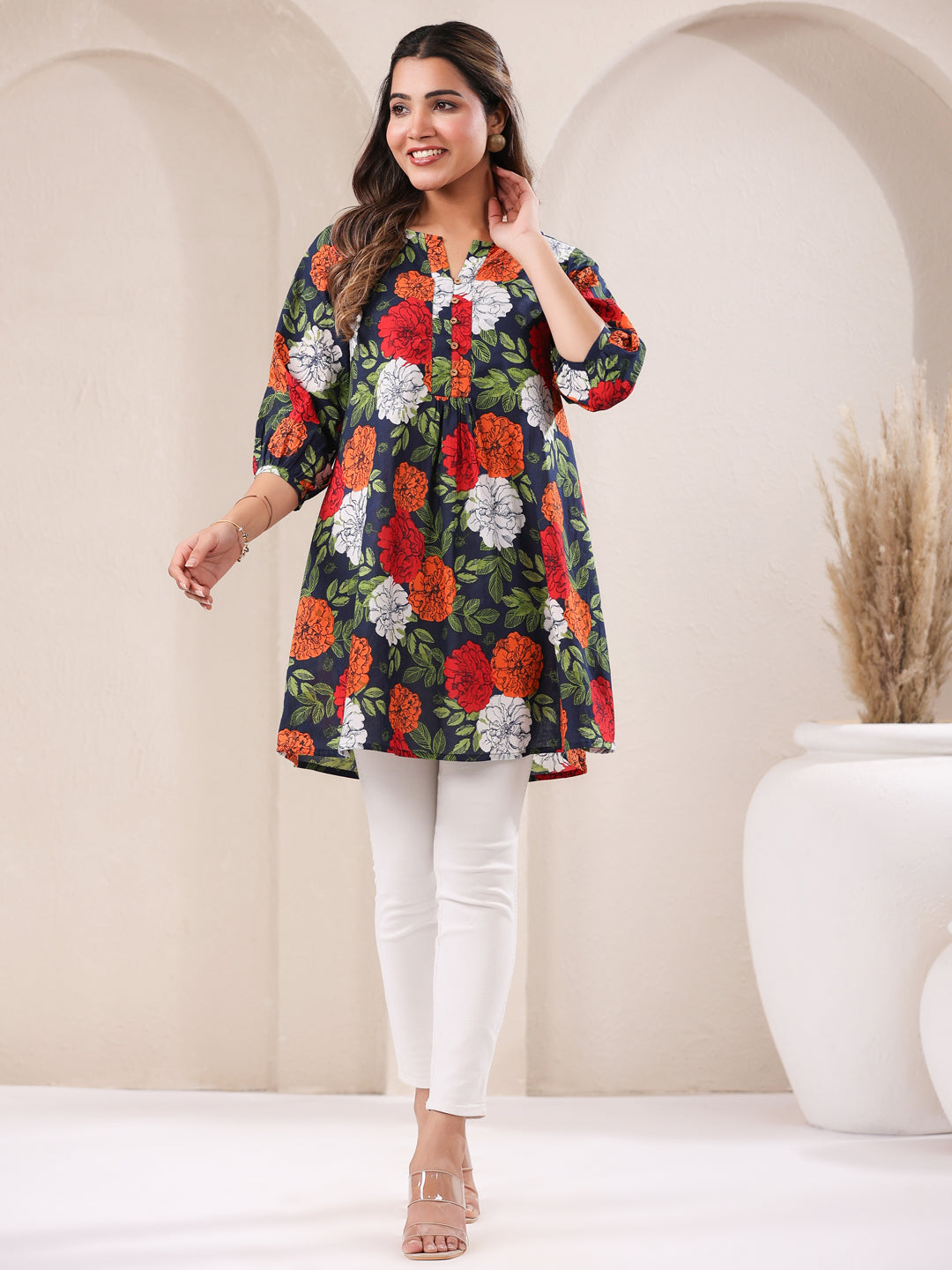 Janasya Bright Cotton Floral A-Line Tunic 