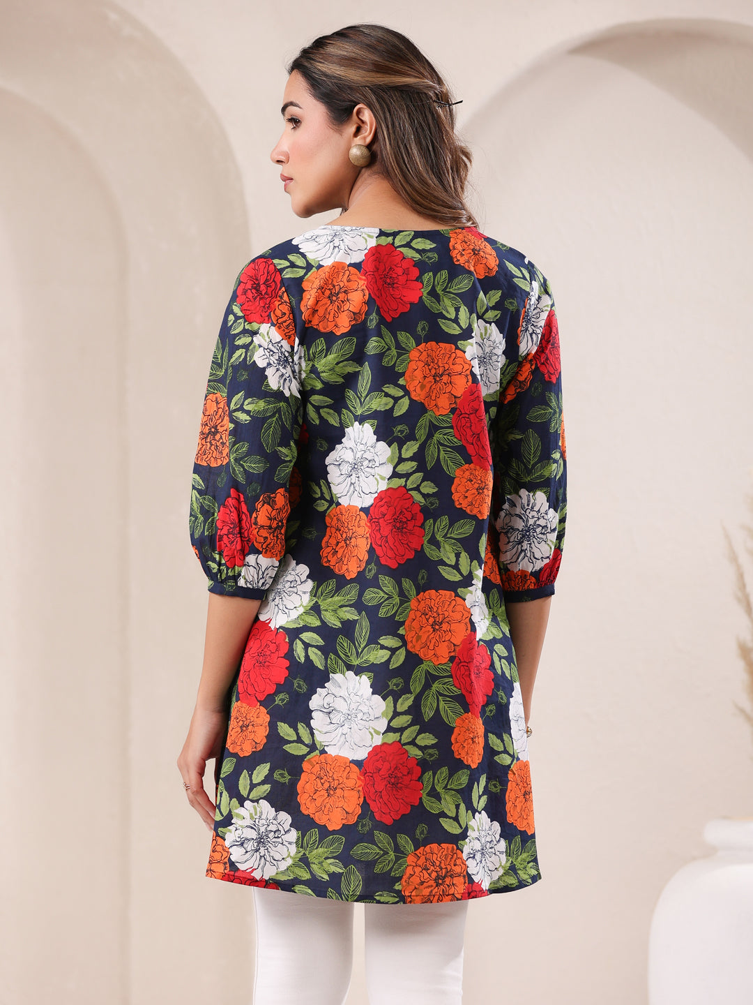 Janasya Bright Cotton Floral A-Line Tunic 