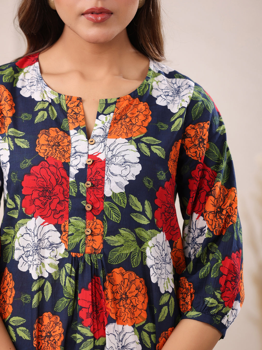 Janasya Bright Cotton Floral A-Line Tunic 