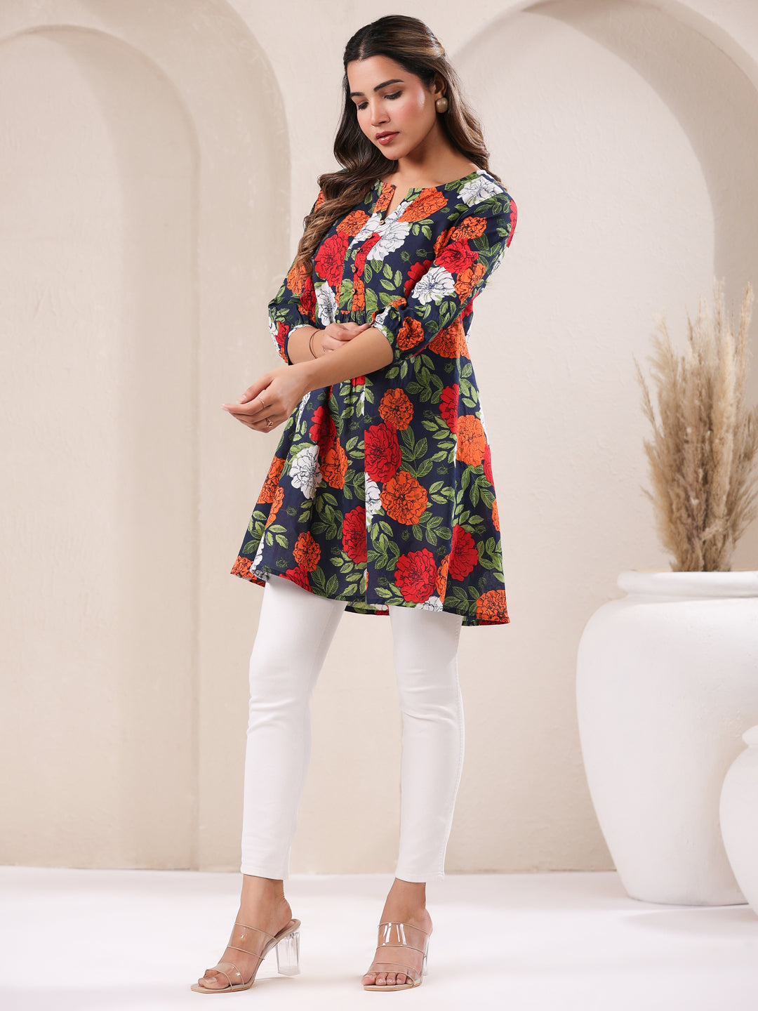 Janasya Bright Cotton Floral A-Line Tunic 