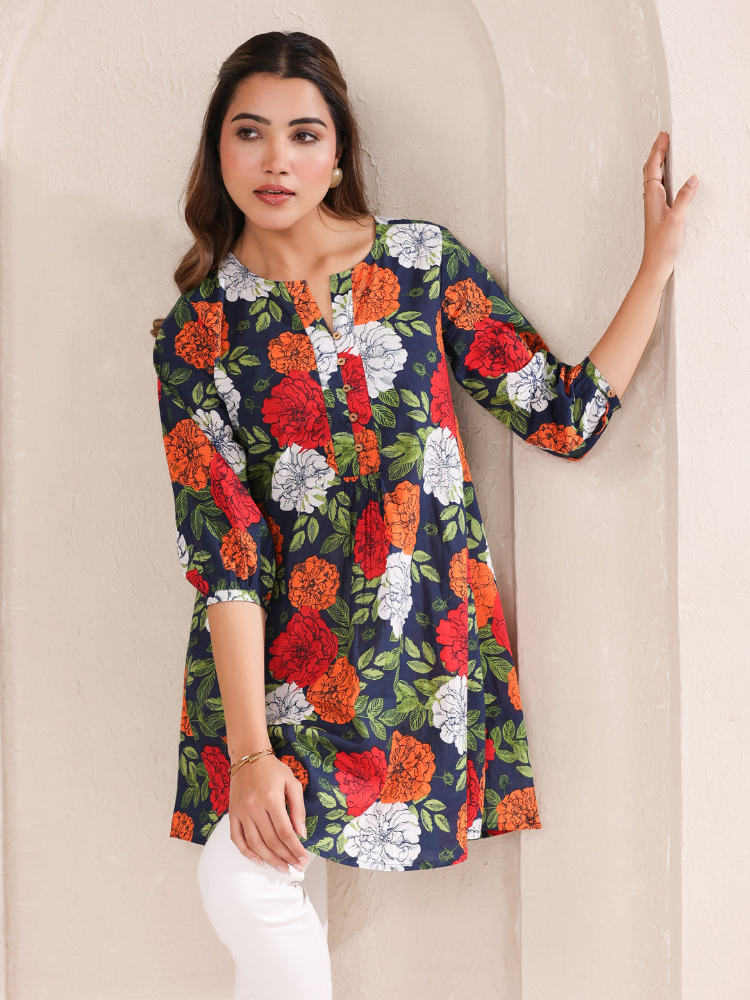Janasya Bright Cotton Floral A-Line Tunic 