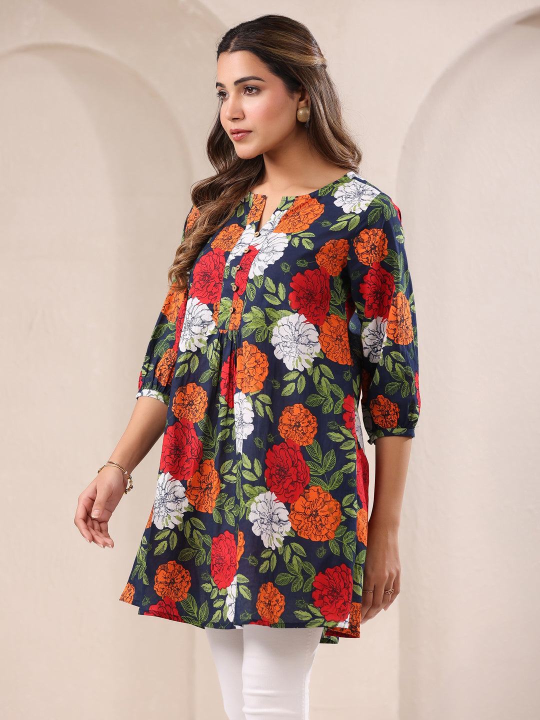 Janasya Bright Cotton Floral A-Line Tunic 