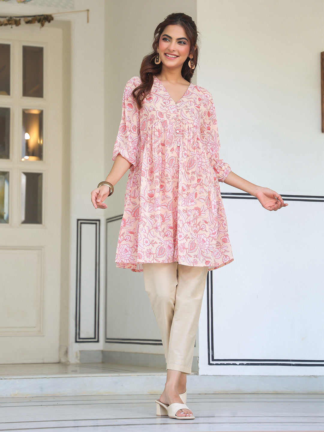 Janasya Light Georgette Floral Gathering Tunic 