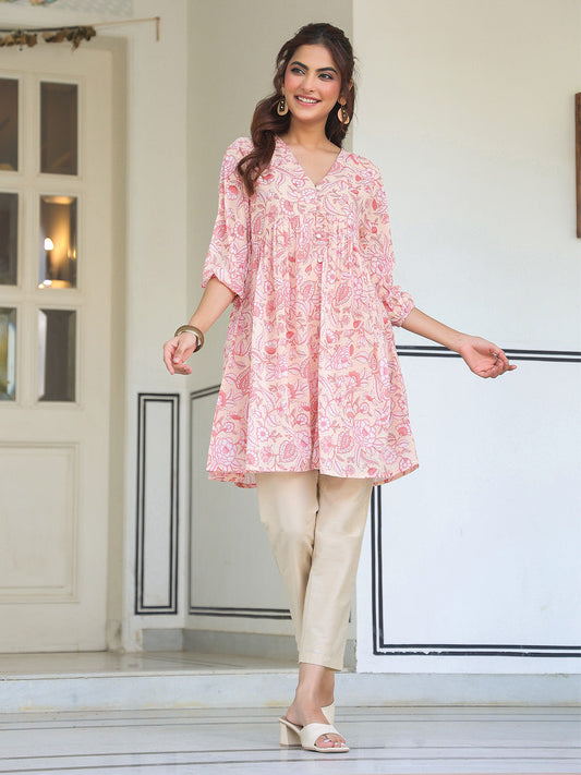 Janasya Light Georgette Floral Gathering Tunic 