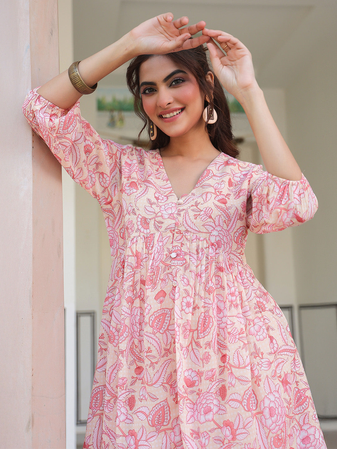 Janasya Light Georgette Floral Gathering Tunic 