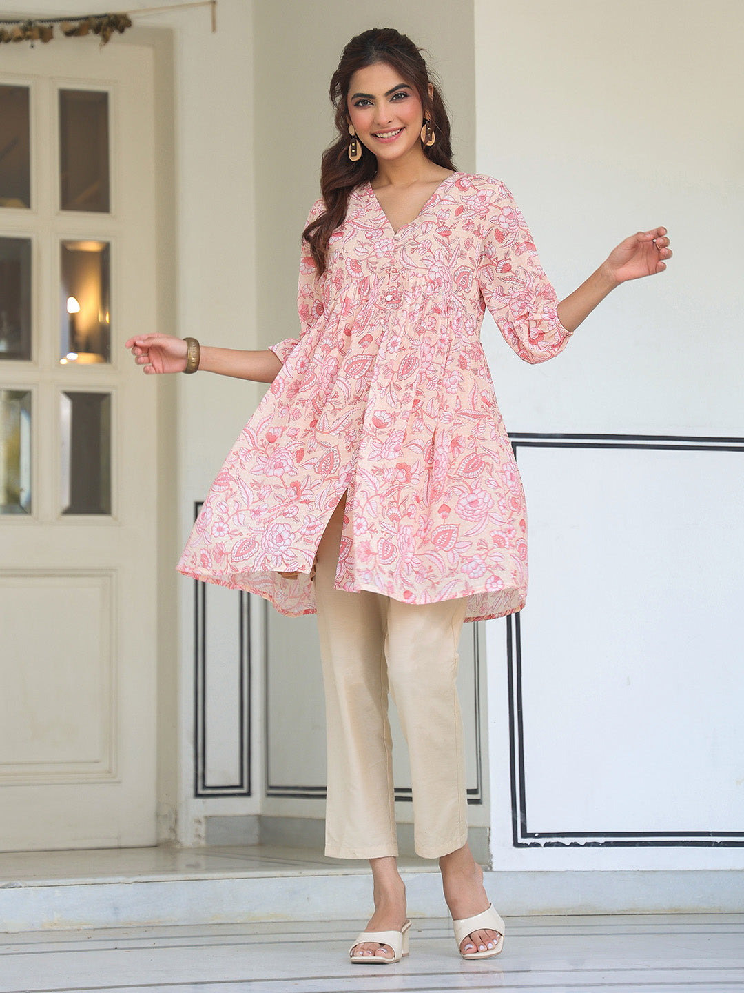 Janasya Light Georgette Floral Gathering Tunic 
