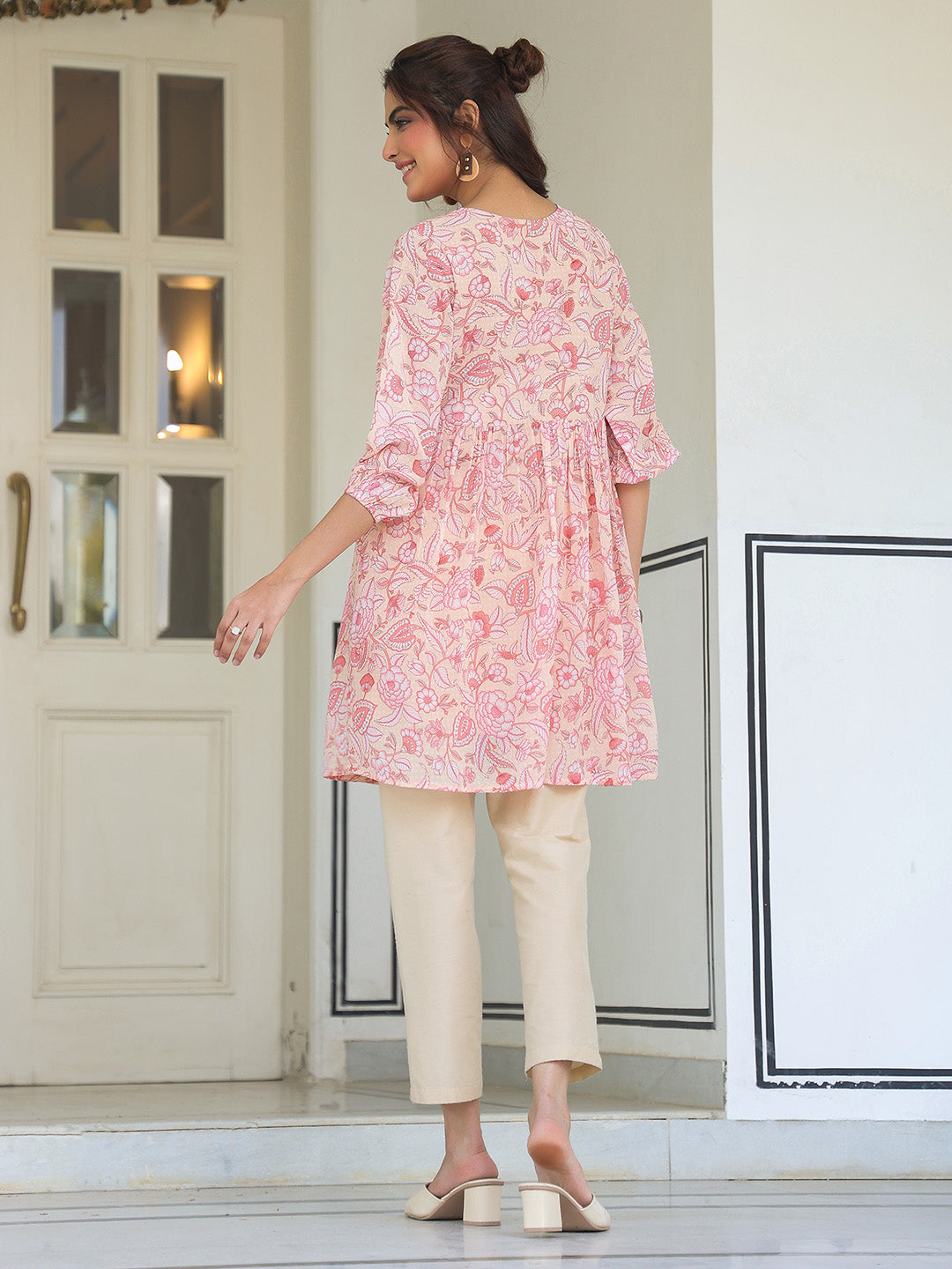Janasya Light Georgette Floral Gathering Tunic 