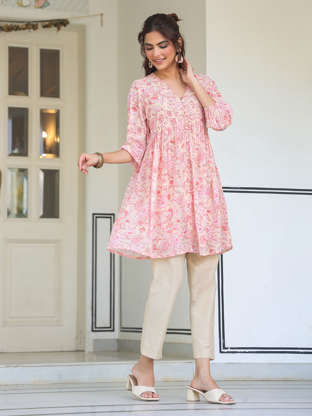 Janasya Light Georgette Floral Gathering Tunic 