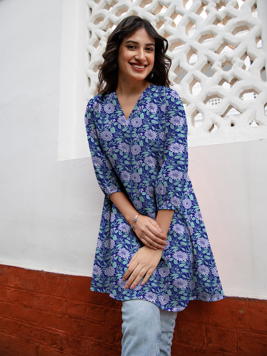 Janasya Dark Georgette Floral A-Line Tunic 