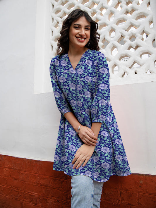 Janasya Dark Georgette Floral A-Line Tunic 