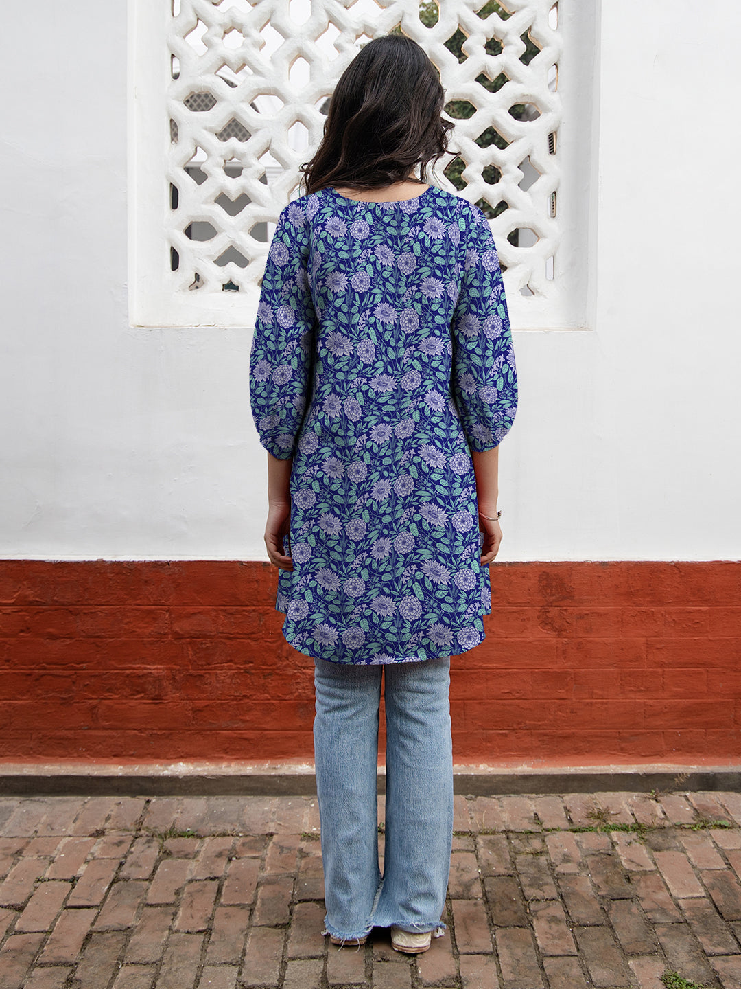 Janasya Dark Georgette Floral A-Line Tunic 