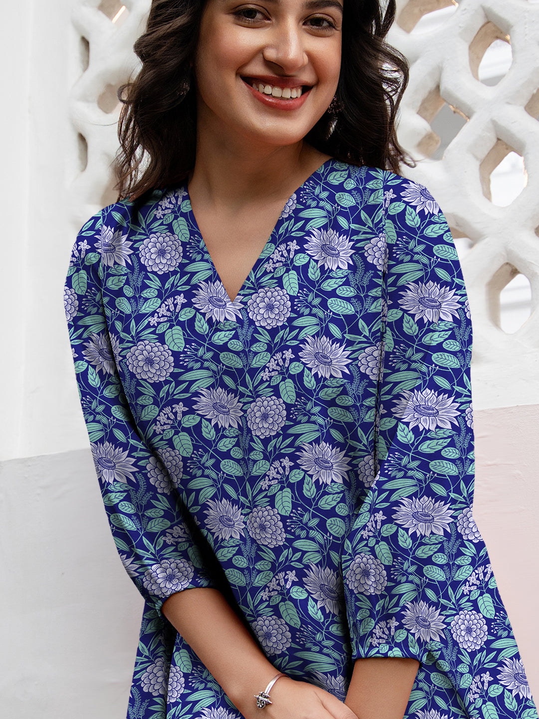 Janasya Dark Georgette Floral A-Line Tunic 
