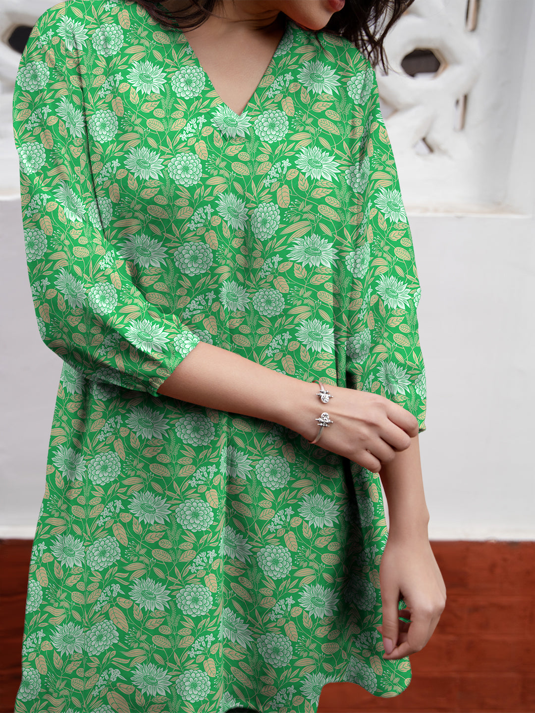 Janasya Dark Georgette Floral A-Line Tunic 