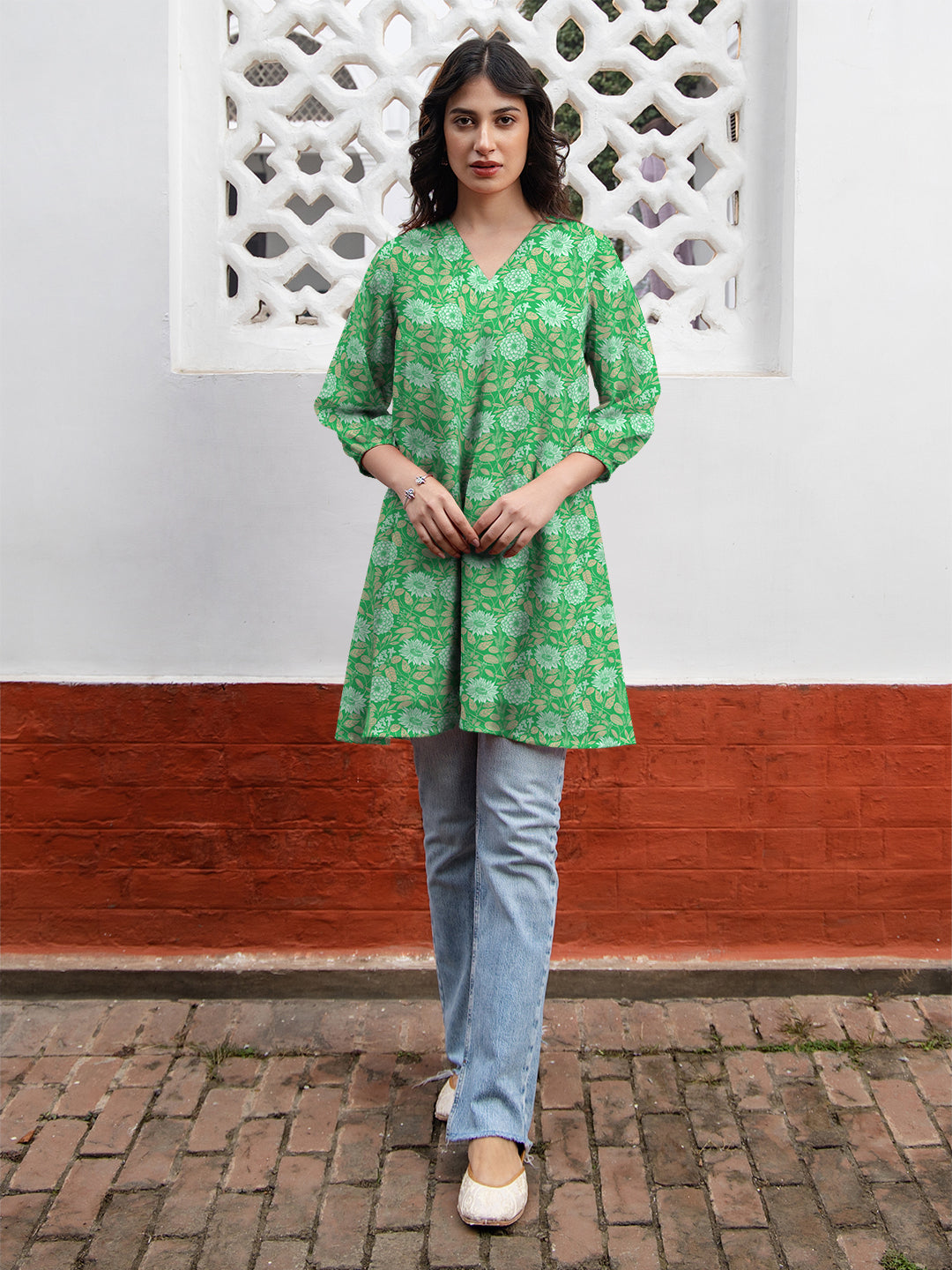 Janasya Dark Georgette Floral A-Line Tunic 