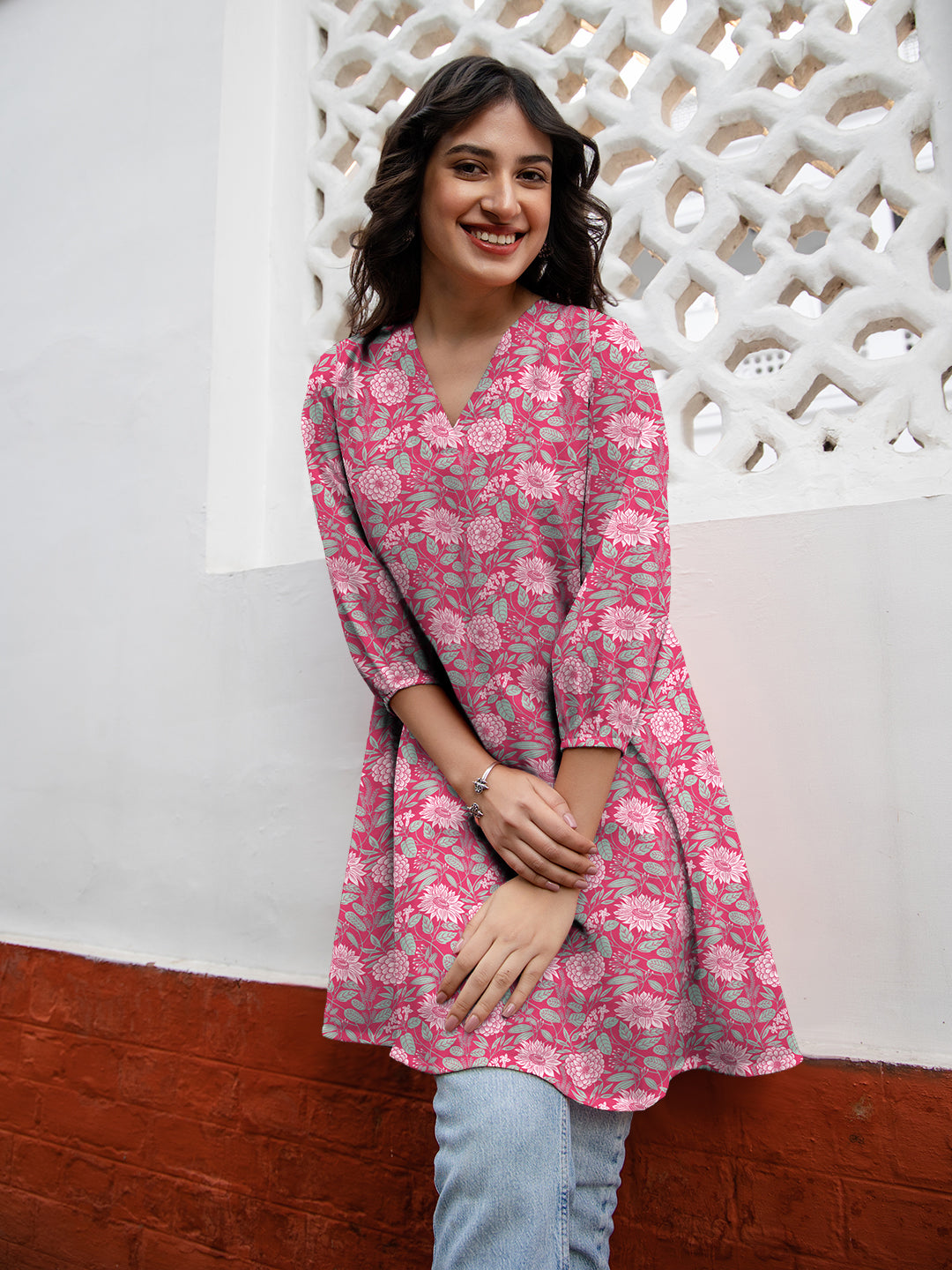 Janasya Dark Georgette Floral A-Line Tunic 