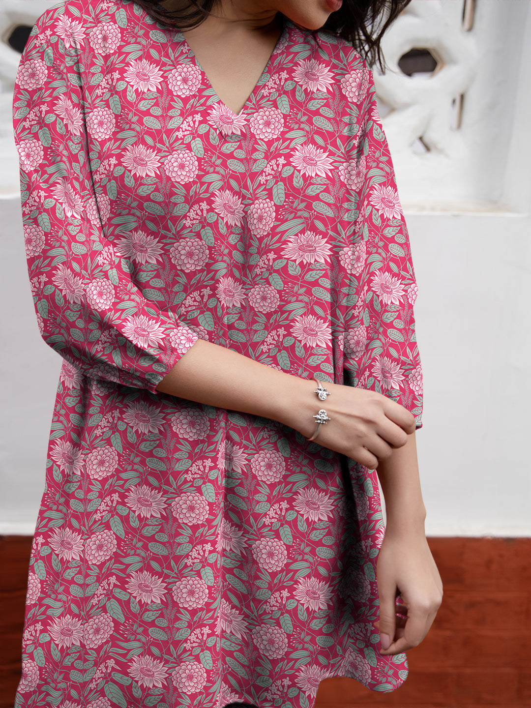 Janasya Dark Georgette Floral A-Line Tunic 