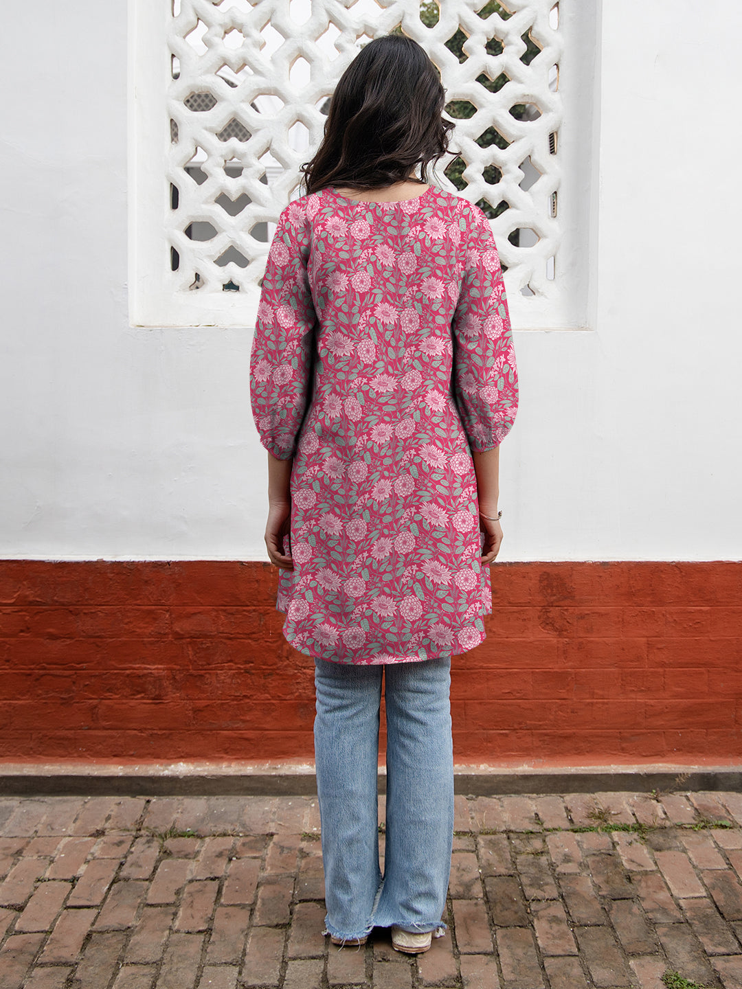 Janasya Dark Georgette Floral A-Line Tunic 