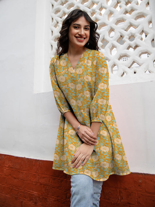 Janasya Dark Georgette Floral A-Line Tunic 