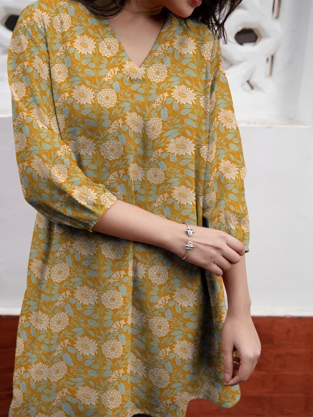 Janasya Dark Georgette Floral A-Line Tunic 