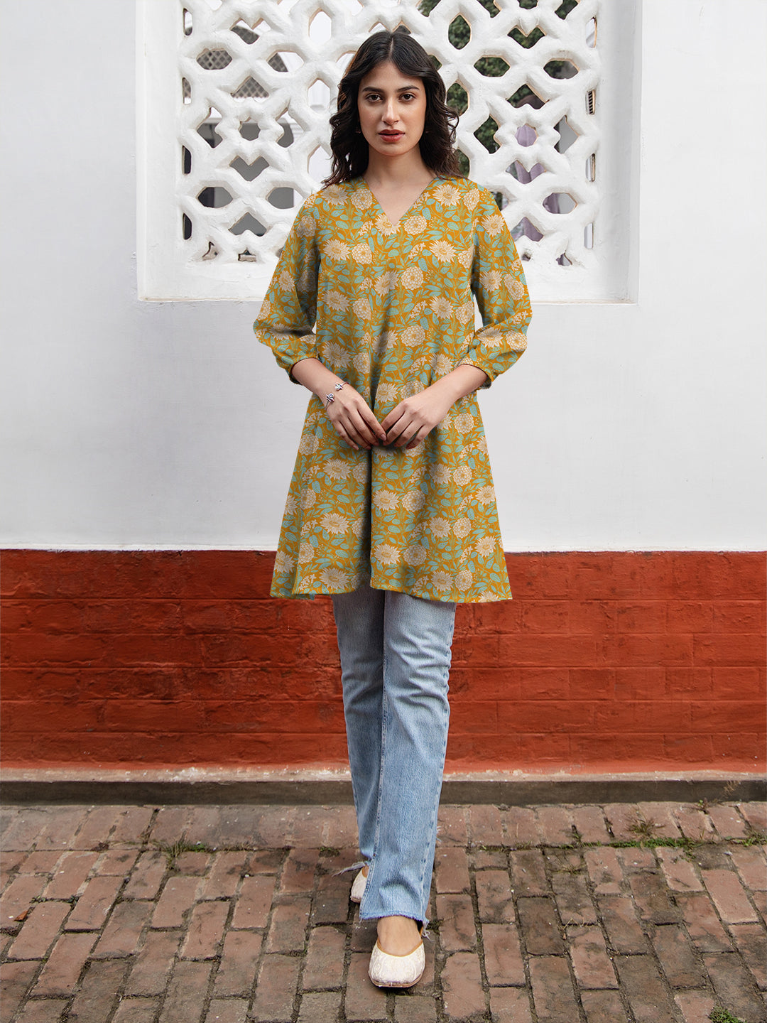Janasya Dark Georgette Floral A-Line Tunic 