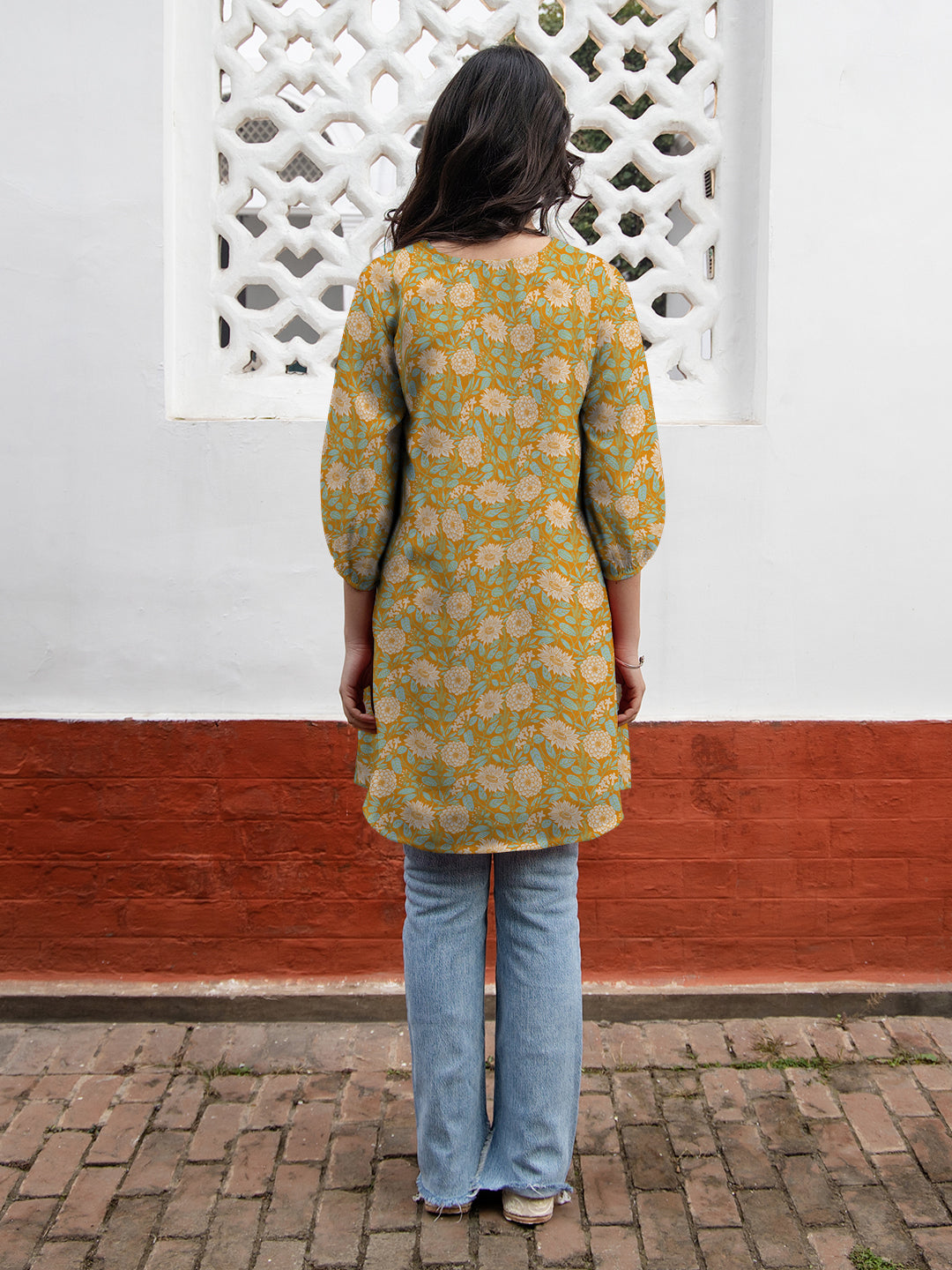 Janasya Dark Georgette Floral A-Line Tunic 