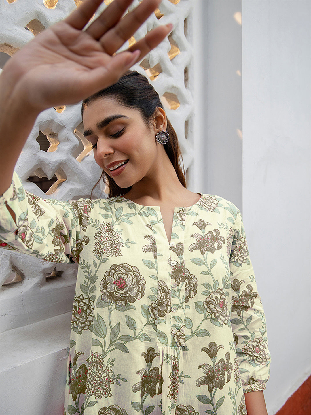 Janasya Light Cotton Floral A-Line Tunic 