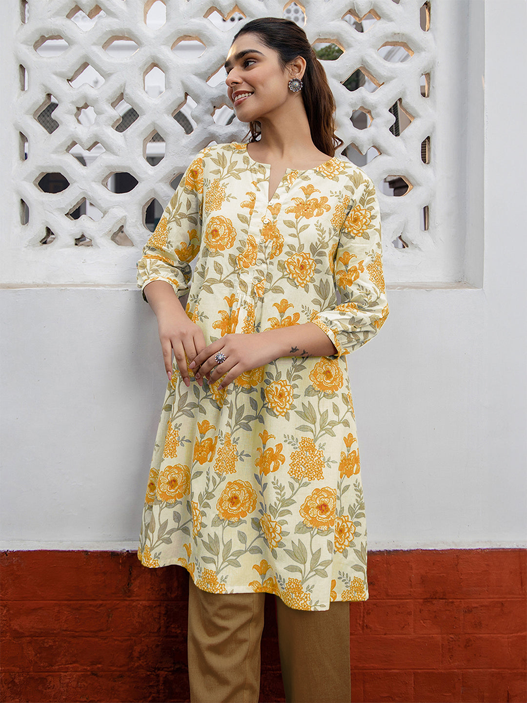 Janasya Light Cotton Floral A-Line Tunic 