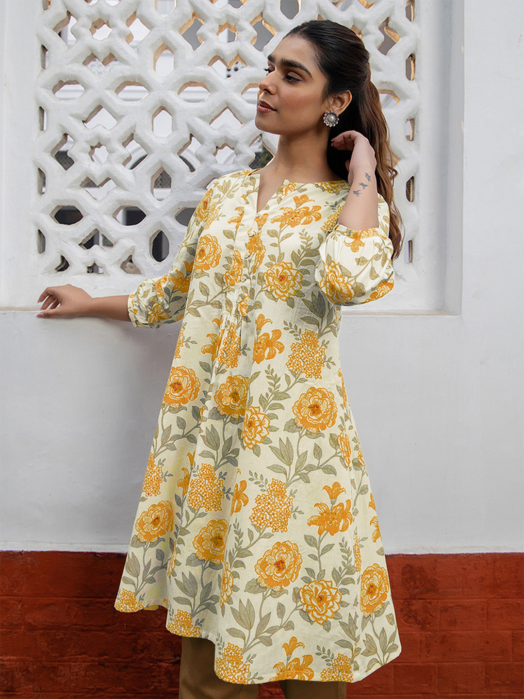 Janasya Light Cotton Floral A-Line Tunic 