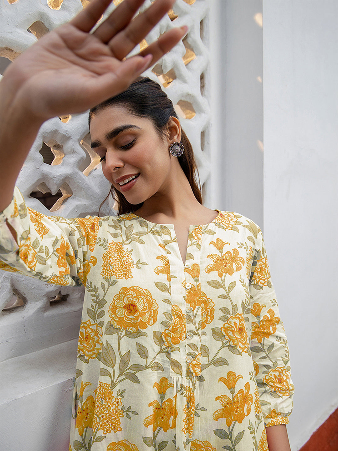 Janasya Light Cotton Floral A-Line Tunic 