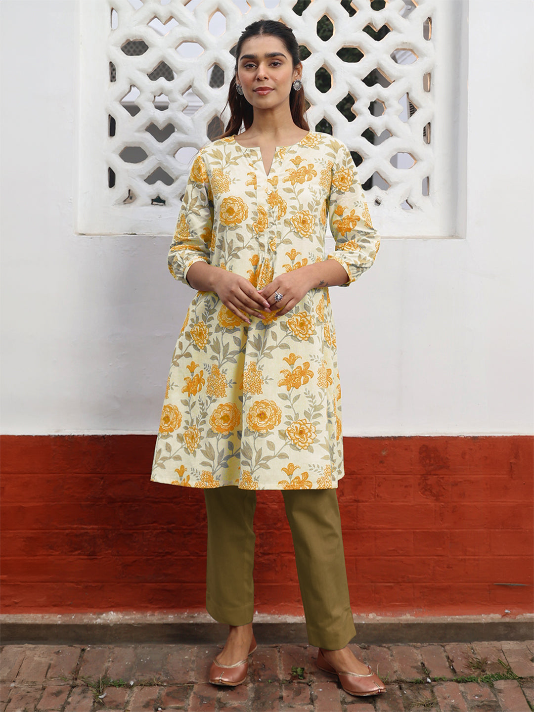 Janasya Light Cotton Floral A-Line Tunic 
