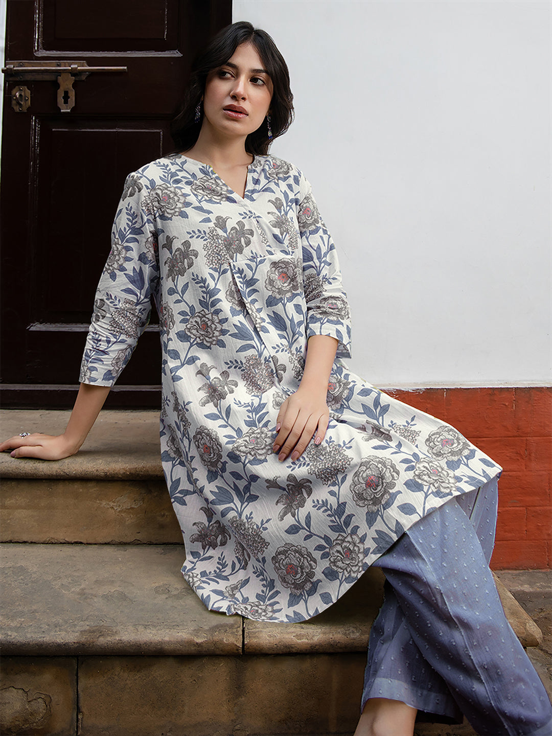 Janasya Light Cotton Floral A-Line Tunic 