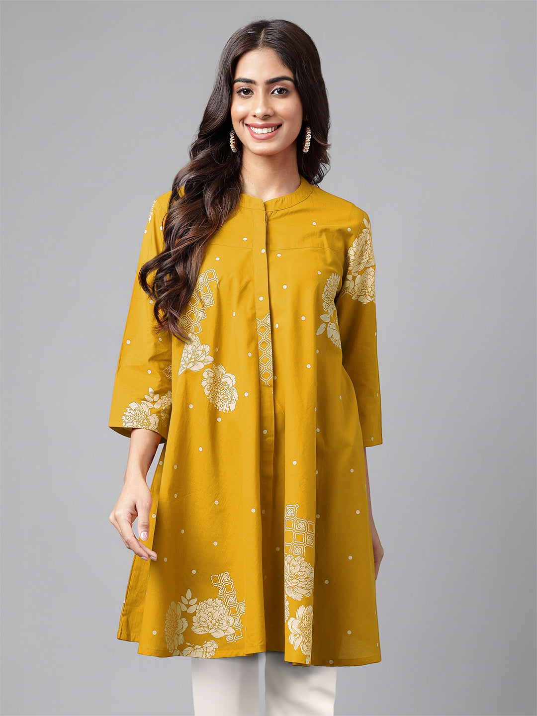 Janasya Bright Cotton Floral Flared Tunic 