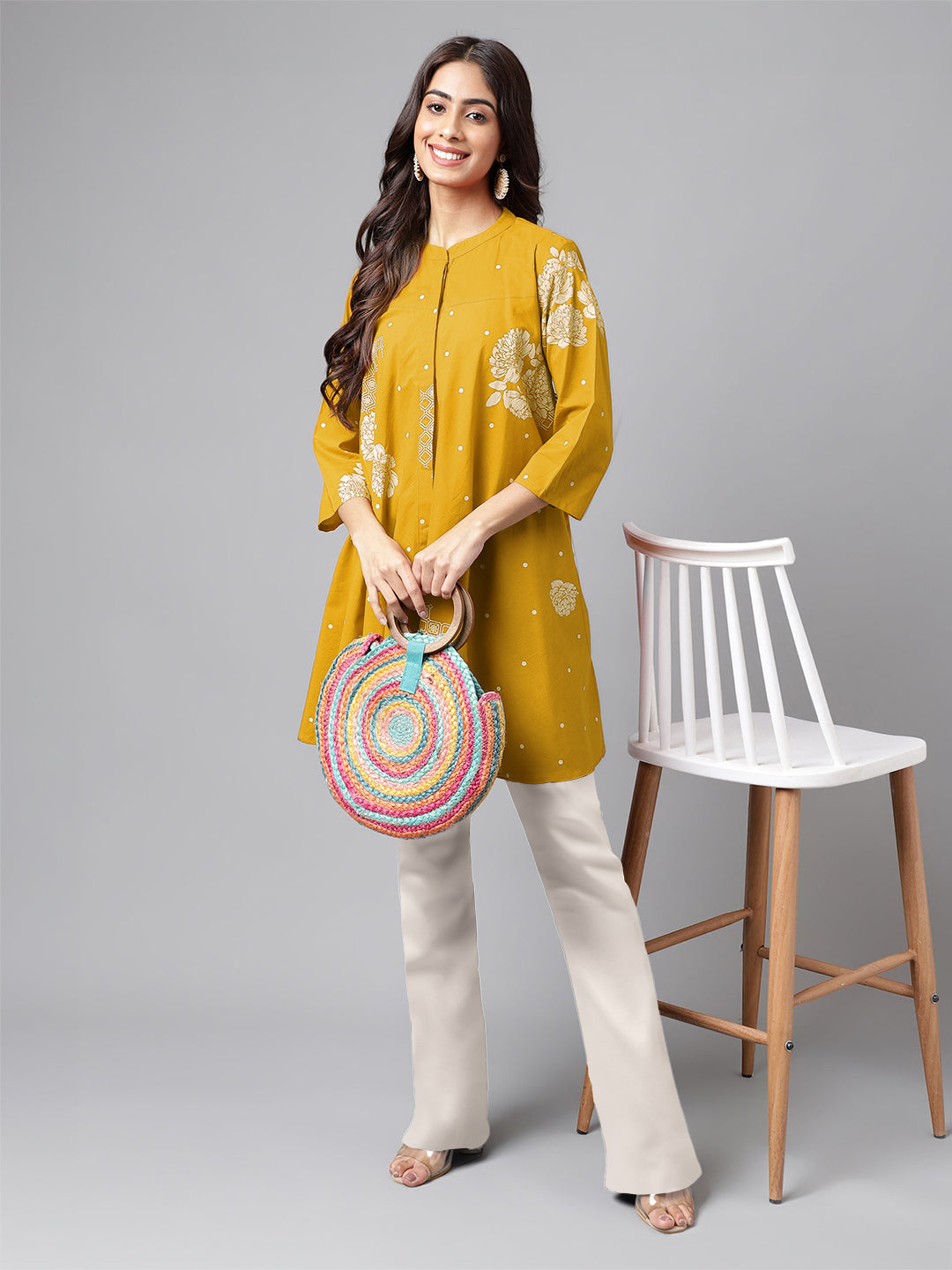 Janasya Bright Cotton Floral Flared Tunic 
