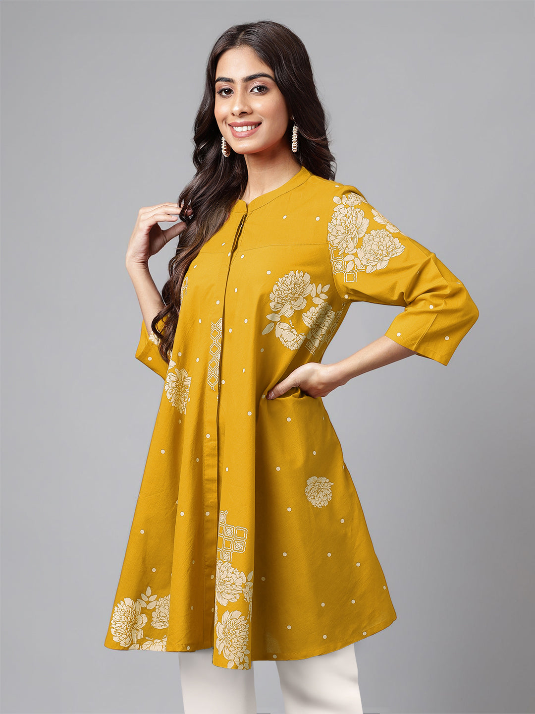 Janasya Bright Cotton Floral Flared Tunic 