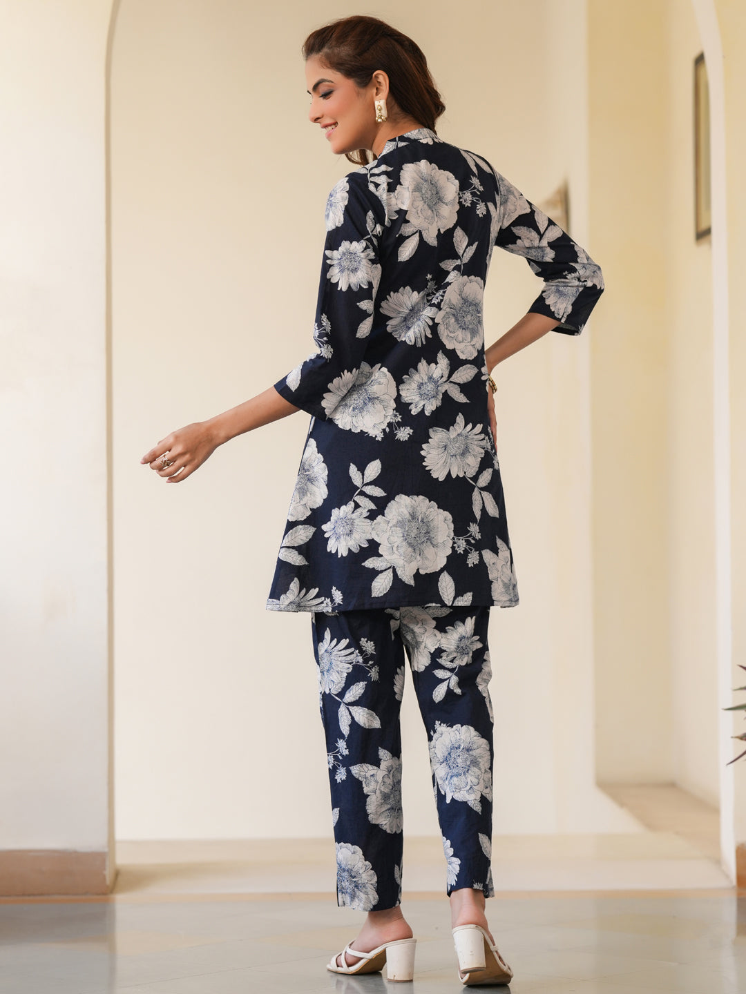 Janasya Dark Cotton Floral A-Line Top & Bottom Set 
