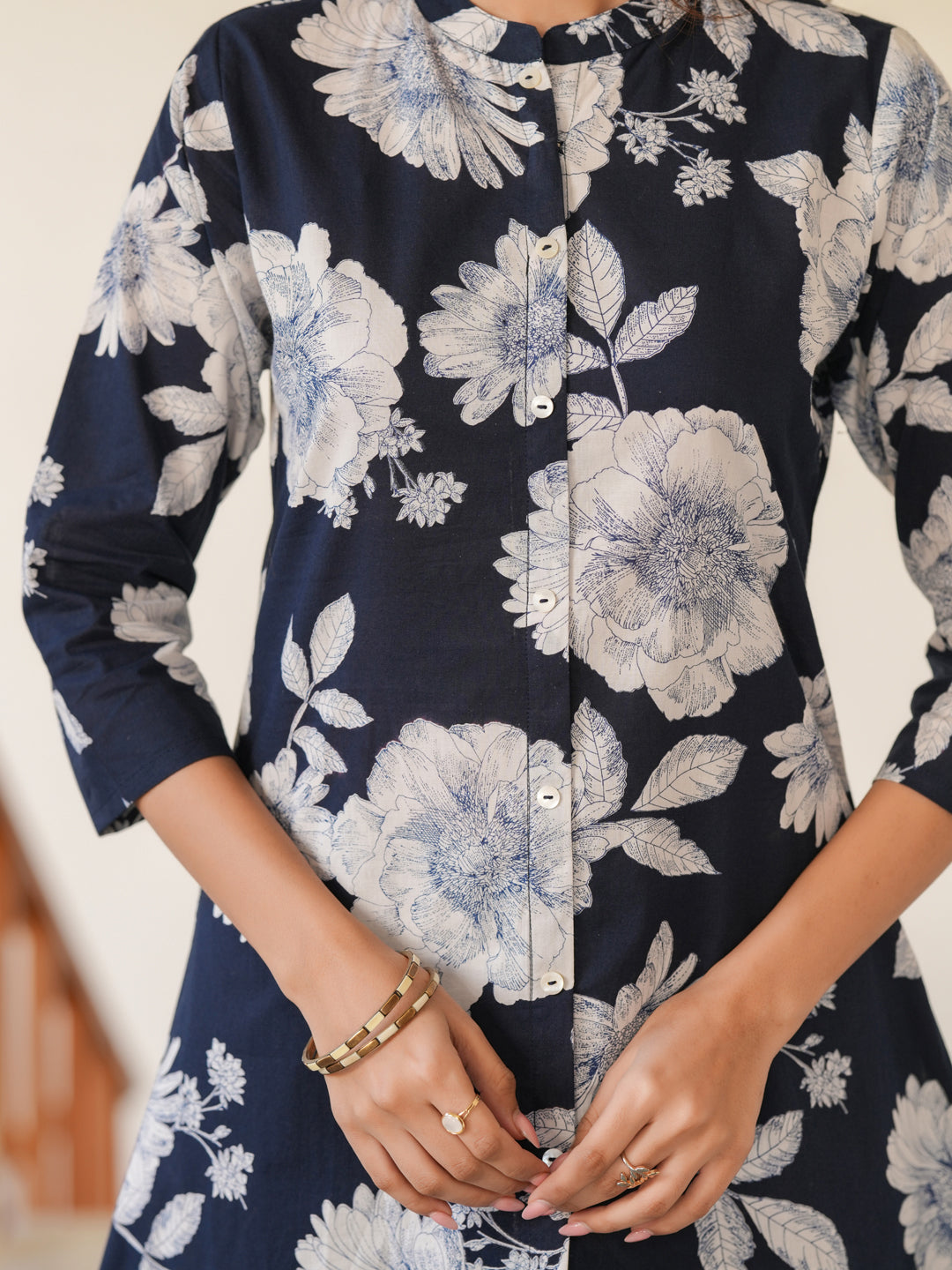 Janasya Dark Cotton Floral A-Line Top & Bottom Set 