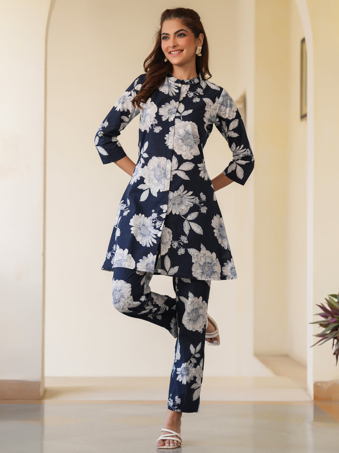 Janasya Dark Cotton Floral A-Line Top & Bottom Set 