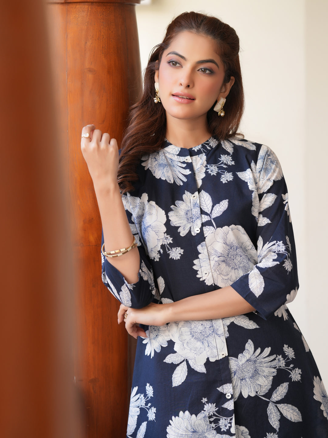 Janasya Dark Cotton Floral A-Line Top & Bottom Set 