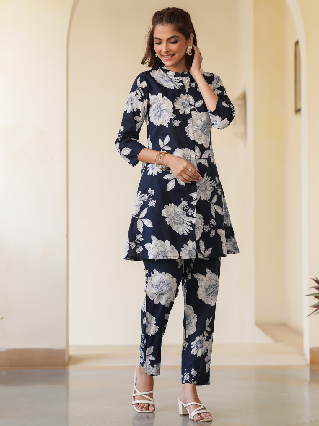 Janasya Dark Cotton Floral A-Line Top & Bottom Set 