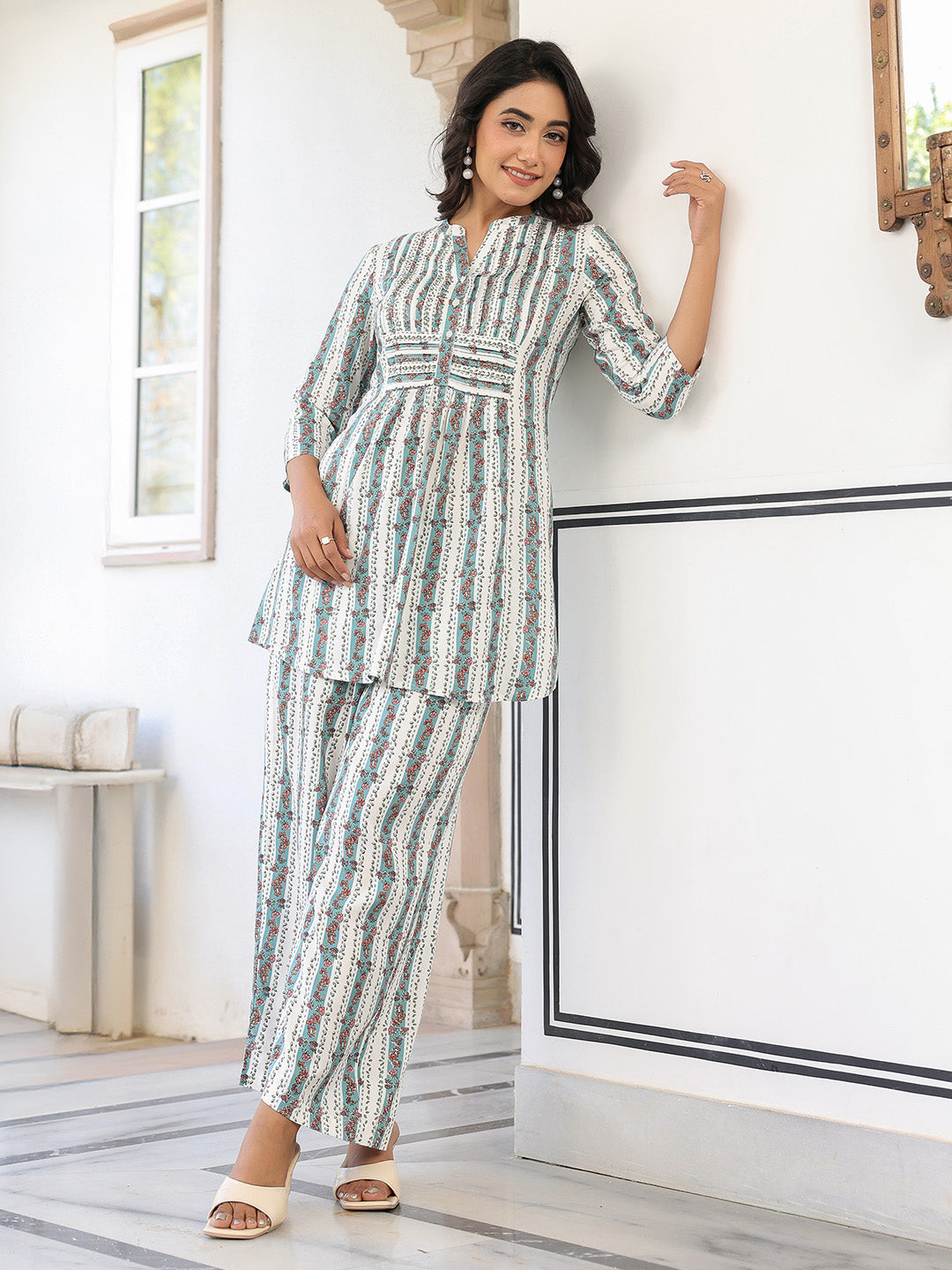 Janasya Light Cotton Floral A-Line Top & Bottom Set 