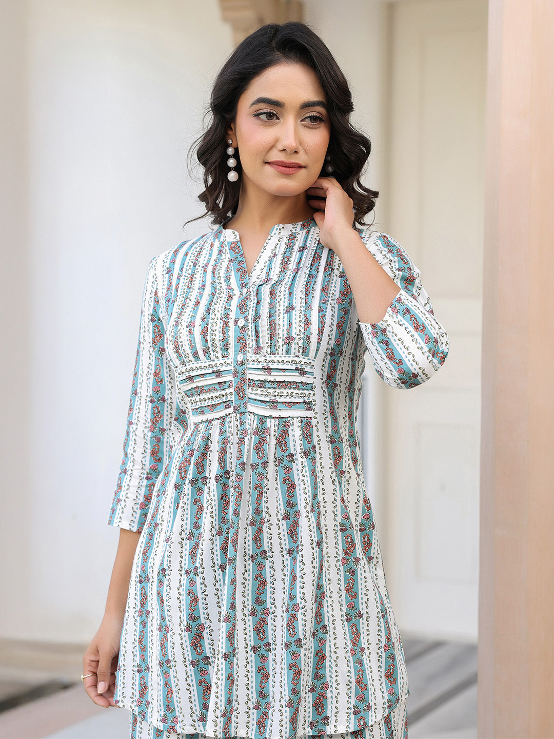 Janasya Light Cotton Floral A-Line Top & Bottom Set 
