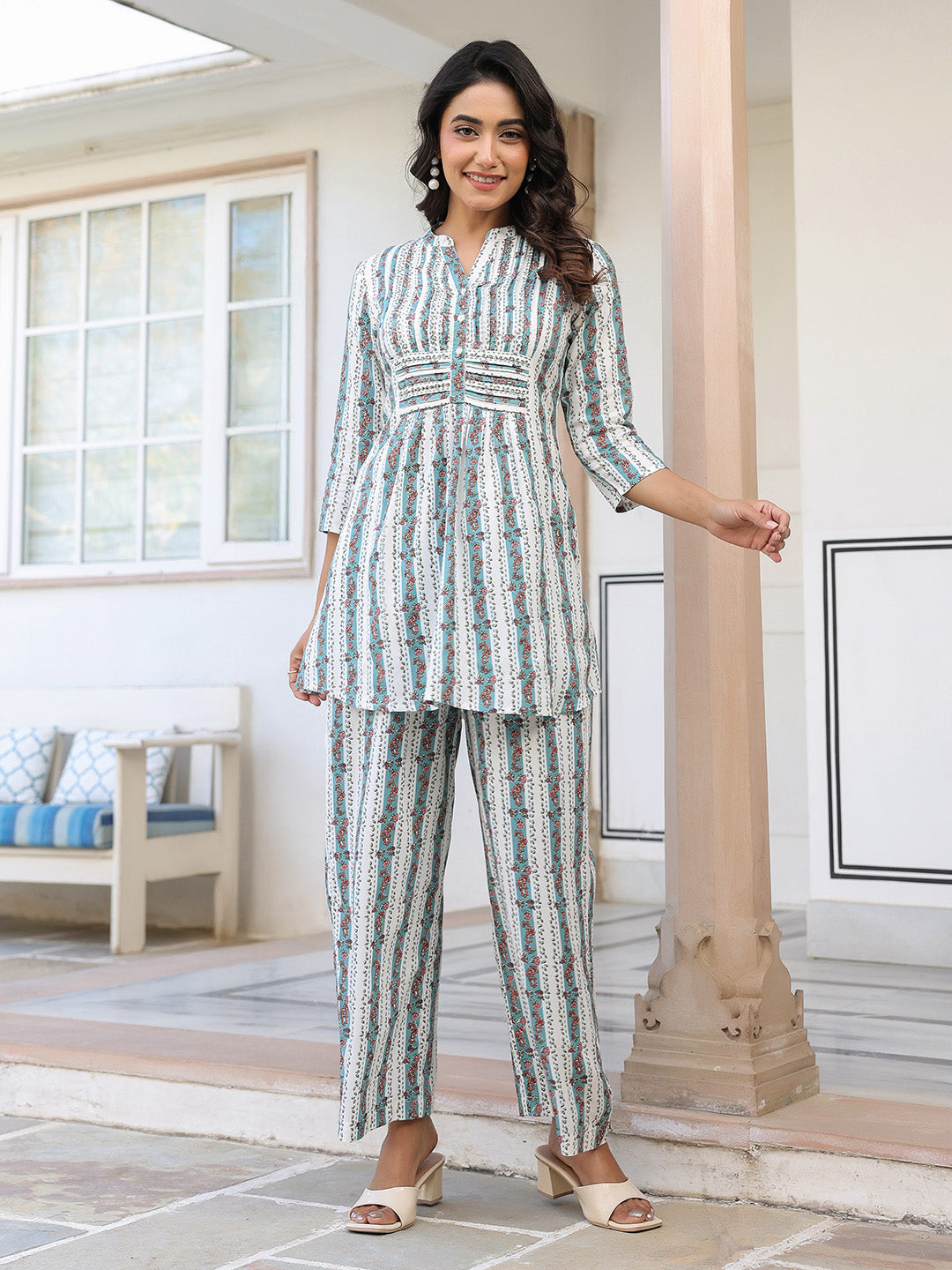 Janasya Light Cotton Floral A-Line Top & Bottom Set 